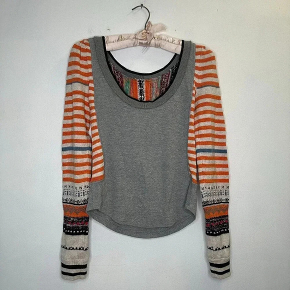 Free People Sweet Gal Thermal Top Long Sleeve Stripes Grey and Orange Size XS - Picture 2 of 3